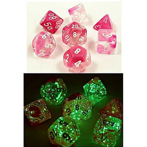 Immagine di GEMINI POLYHEDRAL CLEAR-PINK/WHITE LUMINARY 7-DADI SET – LAB DICE 4