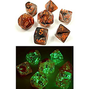 Immagine di NEBULA POLYHEDRAL COPPER MATRIX/ORANGE LUMINARY 7-DADI SET – LAB DICE 4